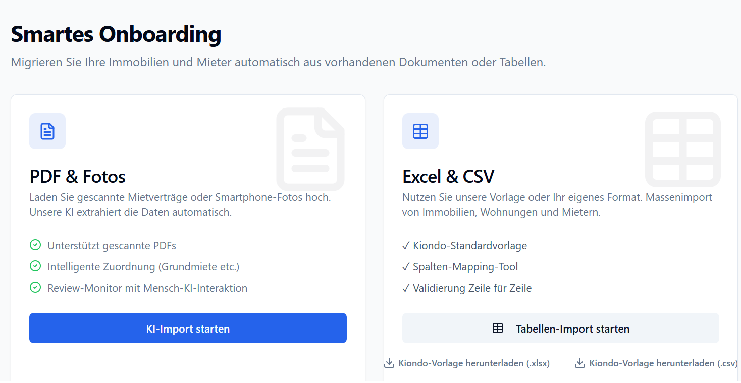 Kiondo Onboarding – Mietverträge als PDF oder Foto hochladen und Bestandsdaten per Excel oder CSV importieren